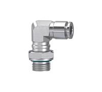 Racor en L, giratorio, G 1/4 A, para manguera de diámetro exterior de 12 mm, presión de trabajo máx. 20 bares, acero inoxidable 1.4404.