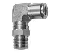 Racor en L, giratorio, R 1/8 A, para manguera de diámetro exterior de 4 mm, presión de trabajo máx. 20 bares, acero inoxidable 1.4404.