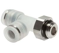 Racor en T en ángulo recto de 6 mm x M 5 con rosca macho PA/Acero inoxidable EPDM giratorio FDA