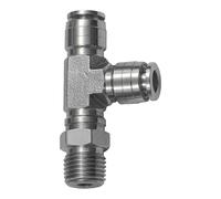 Racor en T, giratorio, forma de L, R 1/2 A, para manguera de diámetro exterior de 10 mm, presión de trabajo máx. 20 bares, acero inoxidable 1.4404.