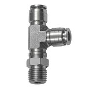 Racor en T, giratorio, forma de L, R 1/4 A, para manguera de diámetro exterior de 10 mm, presión de trabajo máx. 20 bares, acero inoxidable 1.4404.