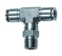 Racor en T, giratorio, R 1/4 A, para manguera de diámetro exterior de 10 mm, presión de trabajo máx. 20 bares, acero inoxidable 1.4404.
