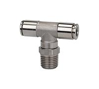 Racor en T, giratorio, R 1/4 A, para manguera de diámetro exterior de 6 mm, presión de trabajo máx. 15 bares, acero inoxidable 1.4404.