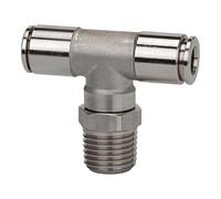 Racor en T, giratorio, R 1/8 A, para manguera de diámetro exterior de 6 mm, presión de trabajo máx. 15 bares, acero inoxidable 1.4404.