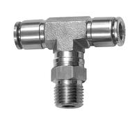 Racor en T, giratorio, R 1/8 A, para manguera de diámetro exterior de 8 mm, presión de trabajo máx. 20 bares, acero inoxidable 1.4404.