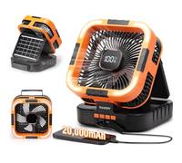 Raddy CF3 Ventilador de camping recargable 20 000 mAh, portátil, batería integrada, panel solar 3 W, USB, luz LED, 6 velocidades, oscilación 90°, tienda, BBQ, exterior & emergencias, naranja
