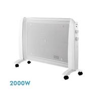 Radiador de mica 2000W, 1 elemento, 2 potencias, antivuelco, ruedas, termostato, medidas 54x79x27 cm, ideal para calentar estancias.