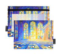 Radiant Church - Juego de 2 estuches para lápices para carpetas de 3 anillas, cremallera suave con ventana de PVC transparente para suministros escolares