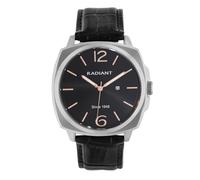 Radiant - Reloj Analógico de Cuarzo para Hombre, Acero Inoxidable, Caja de 42 mm, Correa de Cuero Negra, Hebilla Normal, Pila Incluida, Color Negro y Plateado, 3 Agujas con Calendario, 5 ATM