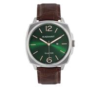 Radiant - Reloj Analógico de Cuarzo para Hombre, Caja Cuadrado de 42,00 mm Plateado/Gris, Esfera Verde, Correa de Cuero Marrón con Hebilla, Pila Incluida, Resistente al Agua 5 ATM