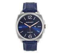 Radiant - Reloj Analógico de Cuarzo para Hombre, Acero Inoxidable, Caja de 42 mm, Correa de Cuero Azul, Hebilla Normal, Pila Incluida, Color Azul y Plateado, 3 Agujas con Calendario, 5 ATM