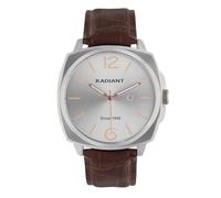 Radiant - Reloj Analógico de Cuarzo para Hombre, Caja Cuadrado de 42,00 mm Plateado/Gris, Esfera Plateado/Gris, Correa de Cuero Marrón con Hebilla, Pila Incluida, Resistente al Agua 5 ATM