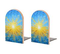 Radiant Sun Golden Rays - Sujetalibros de madera con formas geométricas, 2 soportes resistentes para libros, organizador de escritorio para bibliotecas en casa, oficina