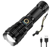 RadiantRover Linterna LED recargable, 990000 lúmenes altos XHP70, linternas superbrillantes, linterna alimentada por pilas, linterna potente, 5 modos con zoom, adecuada para emergencia, camping