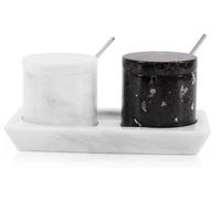 Radicaln Bodega de sal de mármol con tapa de 3 pulgadas, hecha a mano, caja de sal de piedra blanca y negra para encimera de cocina, recipiente de hierbas de mármol y condimentos, tarro de azúcar
