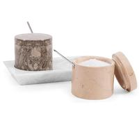 Radicaln Bodega de sal de mármol con tapa y bandeja de 3 pulgadas Oceanic & Verona, juego de 2 tarros de condimentos hechos a mano para almacenamiento de cocina, mesa ideal para azucarero y salero