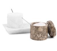 Radicaln Bodega de sal de mármol con tapa y bandeja, recipiente de sal oceánica y blanca de 3 pulgadas, juego de 2 tarros de condimentos, contenedor de almacenamiento de especias para encimera de