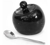 Radicaln Recipientes de sal de mármol para caramelos de manzana con cuchara de 3 pulgadas, color negro, hechos a mano, para encimera, ideales para especias, soporte de sal de piedra y plato de sal con