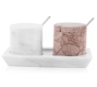 Radicaln Salero de mármol con tapa de 7,6 cm, hecho a mano, blanco y piedra marinara, recipiente ideal para cocina, soporte ideal con tapa, tarro de especias y bodega de sal, juego de 2 con bandeja