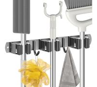 Radikor Colgador Escobas y Fregonas, Soporte Escobas Pared Adhesivo con 3 Soportes y 2 Ganchos, Sujeta Escobas Pared Atornillable, Portaherramientas de Jardín, Soporte para Fregona Escoba, Negros