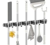 Radikor Colgador Escobas y Fregonas, Soporte Escobas Pared Adhesivo con 5 Soportes y 4 Ganchos, Sujeta Escobas Pared Atornillable, Portaherramientas de Jardín, Soporte para Fregona Escoba, Negros