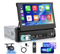 Radio Coche Bluetooth Pantalla con Inalámbrico Carplay y Android Auto - 7 Pulgadas Radio Pantalla 1 DIN Voltea la Radio del Coche con Enlace Espejo/FM/USB/AUX/SWC + Cámaras De Marcha Atrás