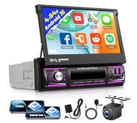 Radio de coche Android 13 1 DIN con Carplay inalámbrico y Android Auto - Radio táctil retráctil de 7 pulgadas con Mirror Link, EQ, AI DSP, WiFi, GPS, radio FM/RDS, SWC + cámara de respaldo AHD
