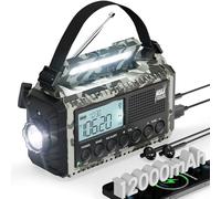 Radio de emergencia, 12000 mAh de larga duración, manivela de mano para energía de emergencia, AM/FM/SW/7 bandas meteorológicas NOAA, SOS, cargador de teléfono celular, linterna brillante, radio solar
