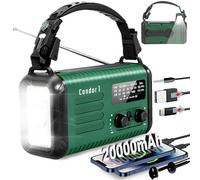 Radio de emergencia de manivela de 20000 mAh/74000 mWh, radio meteorológica AM/FM/NOAA, radio solar alimentada por pilas con cargador de teléfono USB, linterna de lámpara de lectura y SOS para