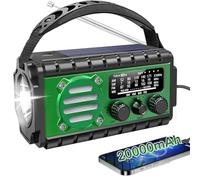 Radio de Emergencia Solar Portátil con Manivela 20000mAh - FM/Am/SW, Radio a Pilas con Alarma SOS, Linterna 3 Modos, Lámpara Lectura, Powerbank USB - para Camping, Supervivencia y al Aire Libre