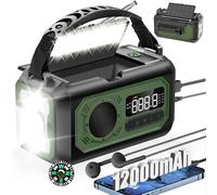 Radio de manivela de 12000 mAh con función de Carga Solar, 2 Paneles solares, manivela Am/FM de Emergencia, 3 métodos de Carga, Radio de Emergencia portátil 7 en 1, SOS, Linterna, Conector para