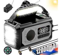 Radio de manivela de 12000 mAh con función de Carga Solar, 2 Paneles solares, manivela Am/FM de Emergencia, 3 métodos de Carga, Radio de Emergencia portátil 7 en 1, SOS, Linterna, Conector para