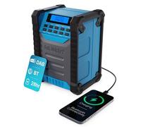 Radio de trabajo portátil DAB | Recargable (enchufe de 12 V 2 A) Banco de energía USB interno de 10.000 mAh | Bluetooth, FM, 30 preajustes, potente altavoz, aumento de graves | Radio IP54 a prueba de