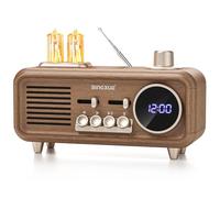 Radio FM portátil vintage con reloj, radio con altavoz Bluetooth retro con 2 luces cálidas, pantalla de palanca de 12/24 horas, recepción fuerte, enchufe de transistor en la pared para el hogar
