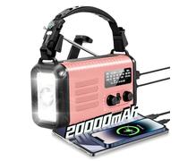 Radio Kurbel de 20000 mAh, radio de notificación solar portátil con amplificador AM/FM, alarma SOS, lámpara de luz LED y lámpara de bolsillo, notificación de caída (Rosa)
