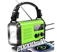 Radio Kurbel de 20000 mAh, radio de notificación solar portátil con amplificador AM/FM, alarma SOS, lámpara de luz LED y lámpara de bolsillo, notificación de caída (verde claro)