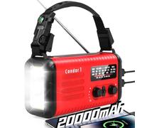 Radio Kurbel de 20000 mAh, radio de notificación solar portátil con amplificador AM/FM, alarma SOS, lámpara de luz LED y lámpara de bolsillo, notificación de caída (Rojo)