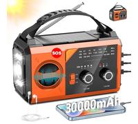 Radio meteorológica AM/FM NOAA de 30000 mAh con cargador de teléfono celular, radio solar con linterna LED, carga USB, brújula, alarma SOS para acampar y supervivencia (naranja)