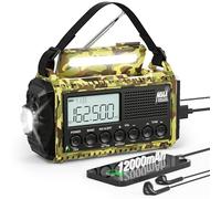 Radio meteorológica de 12000 mAh/44400 mWh, radio de emergencia de manivela portátil AM FM de onda corta, radio solar recargable con batería con alerta NOAA, cargador USB-C y adaptador, linterna SOS