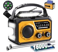 Radio meteorológica de emergencia con manivela de 16000 mAh con altavoz inalámbrico, radio solar NOAA AM FM de 59200 mWh con linterna, cargador de teléfono celular, lámpara de lectura, brújula SOS