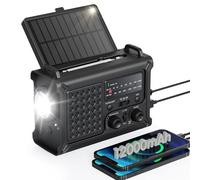 Radio meteorológica de emergencia con panel solar grande, manivela de mano eficiente y batería real de 12000 mAh | Bandas AM/FM/NOAA, linterna LED, lámpara de lectura, alarma SOS y cargador de