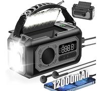 Radio meteorológica de emergencia de 44400 mWh/12000 mAh, radio solar portátil AM/FM/NOAA con 2 paneles solares, 3 métodos de carga, alarma SOS, linterna de 3 modos, cargador de teléfono, brújula
