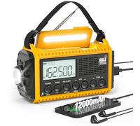 Radio meteorológica de emergencia NOAA de 12000 mAh, manivela de emergencia portátil AM FM, onda corta, energía solar recargable con batería con cargador USB-C y adaptador, linterna de alerta SOS para