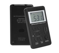 Radio profesional mini portátil FM/AM con receptor estéreo, pantalla LCD y auriculares, color negro.