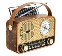 Radio retro AM/FM/SW Radio portátil pequeña, vintage, funciona con batería, radio solar con panel solar, radio de cocina con altavoz Bluetooth, compatible con función USB/TF, función de reloj