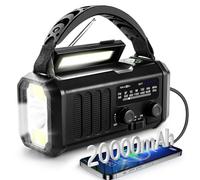 Radio Solar de Emergencia con Manivela, 20000mAh Radio a Pilas, FM/Am Radio Portatil Pequeña con Alarma SOS, Linterna 3 Modos, Lámpara Lectura para Camping, Supervivencia y al Aire Libre (Negro)