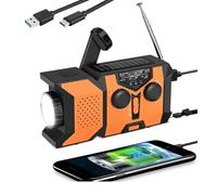 Radio Solar De Emergencia con Manivela, Radio Solar Y Recargable portátil Am/FM/NOAA - meteorológica de Carga de 3 vías SOS de manivela Banco energía con Linterna para Viajes (Naranja)