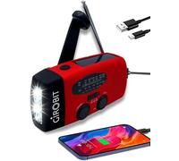 Radio Solar de Emergencia con Palanca - Linterna con 3 potentes Luces LED, Alarma SOS, Carga: USB, Manivela y Energía Solar | Am/FM | Batería Recargable de 2000 mAh | Sin Pilas (Rojo)
