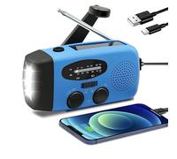 Radio Solar de Emergencia con Palanca - Linterna con 3 potentes Luces LED, Alarma SOS, Carga: USB, Manivela y Energía Solar | Am/FM | Batería Recargable de 2000 mAh | Sin Pilas (Azul)