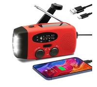 Radio Solar de Emergencia con Palanca - Linterna con 3 potentes Luces LED, Alarma SOS, Carga: USB, Manivela y Energía Solar | Am/FM | Batería Recargable de 2000 mAh | Sin Pilas (Rojo)